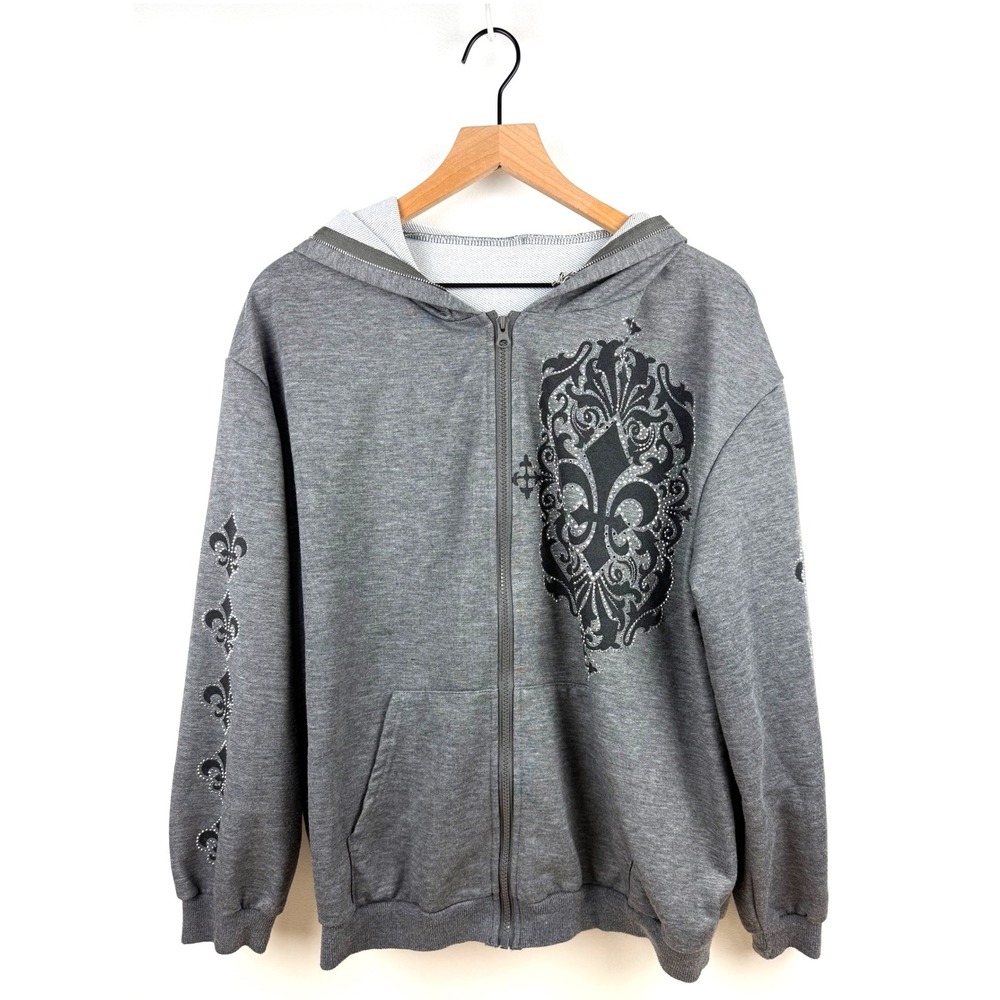 Gray Romwe Fleur de Lis Rhinestone Embellished Full Zip Up Hoodie‎ - L